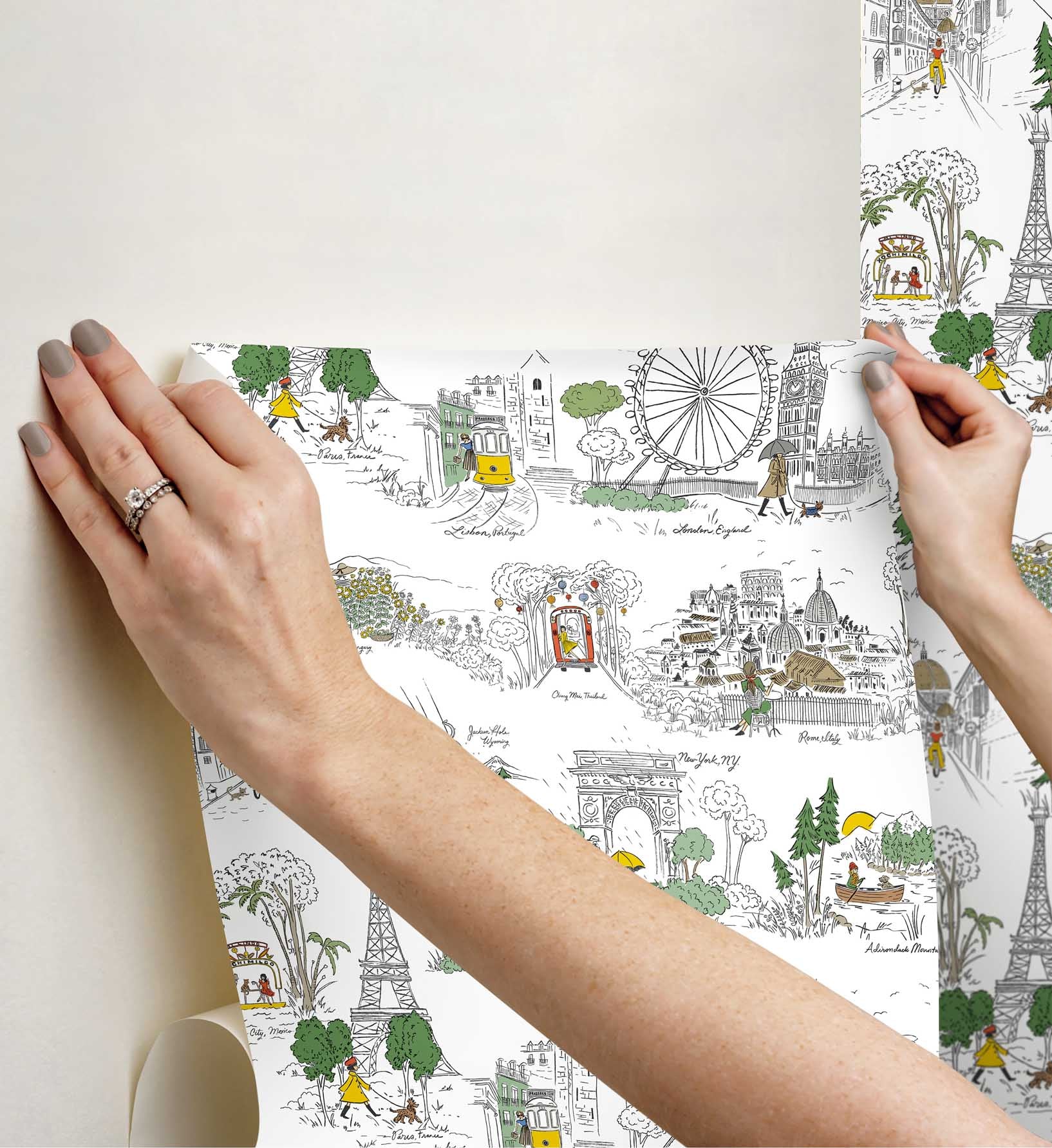 Travel Sketches Peel & Stick Wallpaper - Yellow Multi