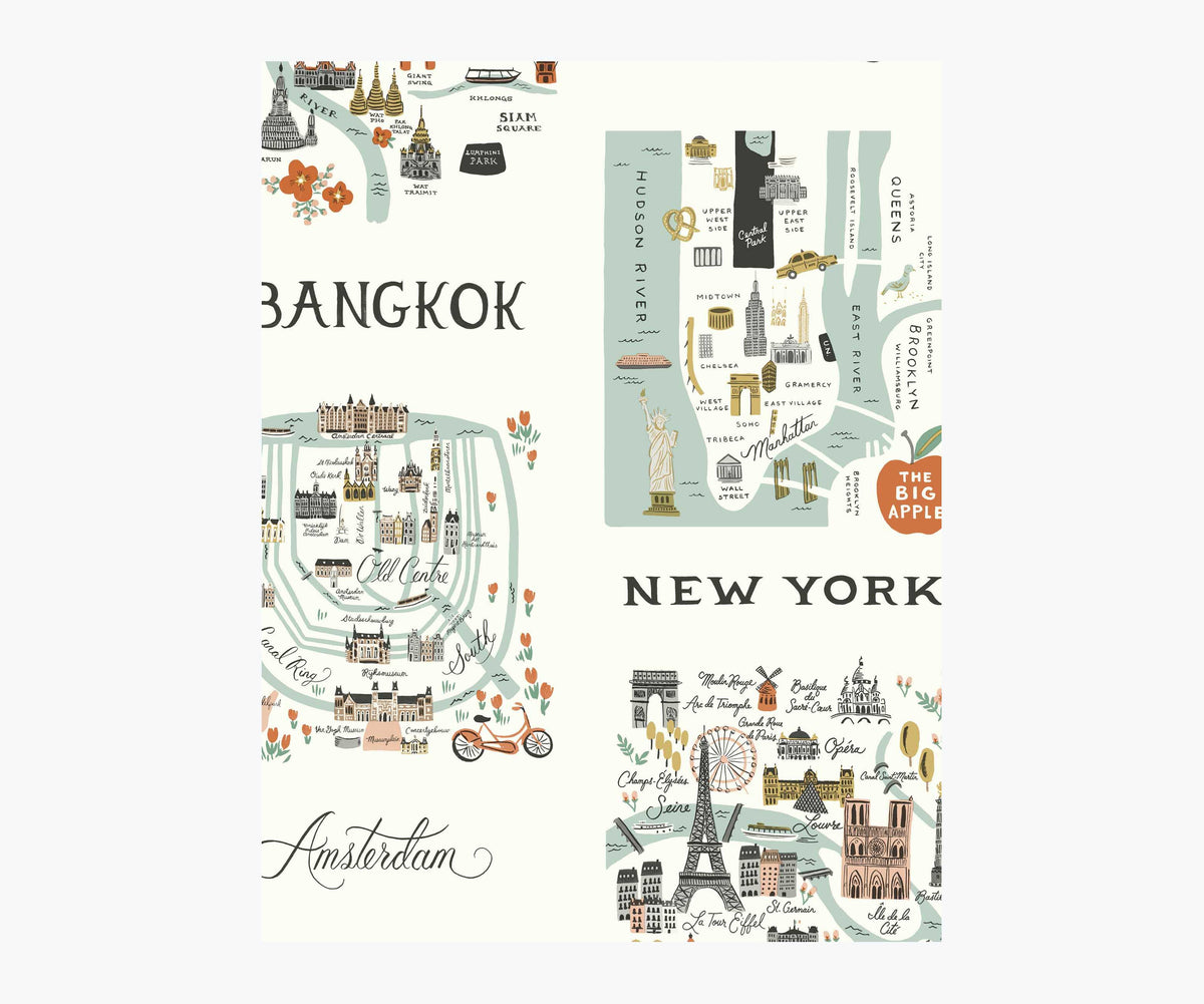City Maps Wallpaper Sample in Mint | Rifle Paper Co.