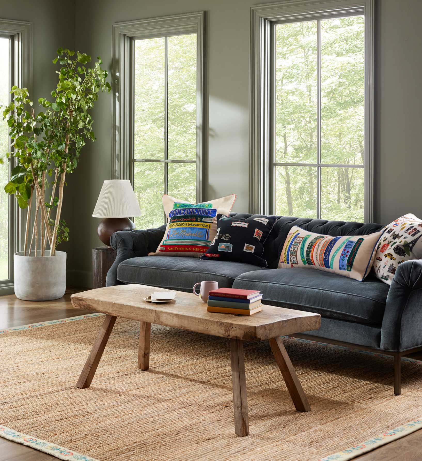 Postage Stamps Embroidered Pillow - Navy