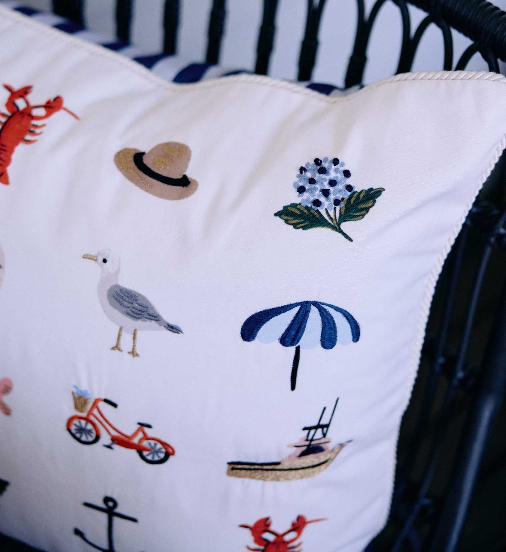 Seaside Embroidered Pillow - White