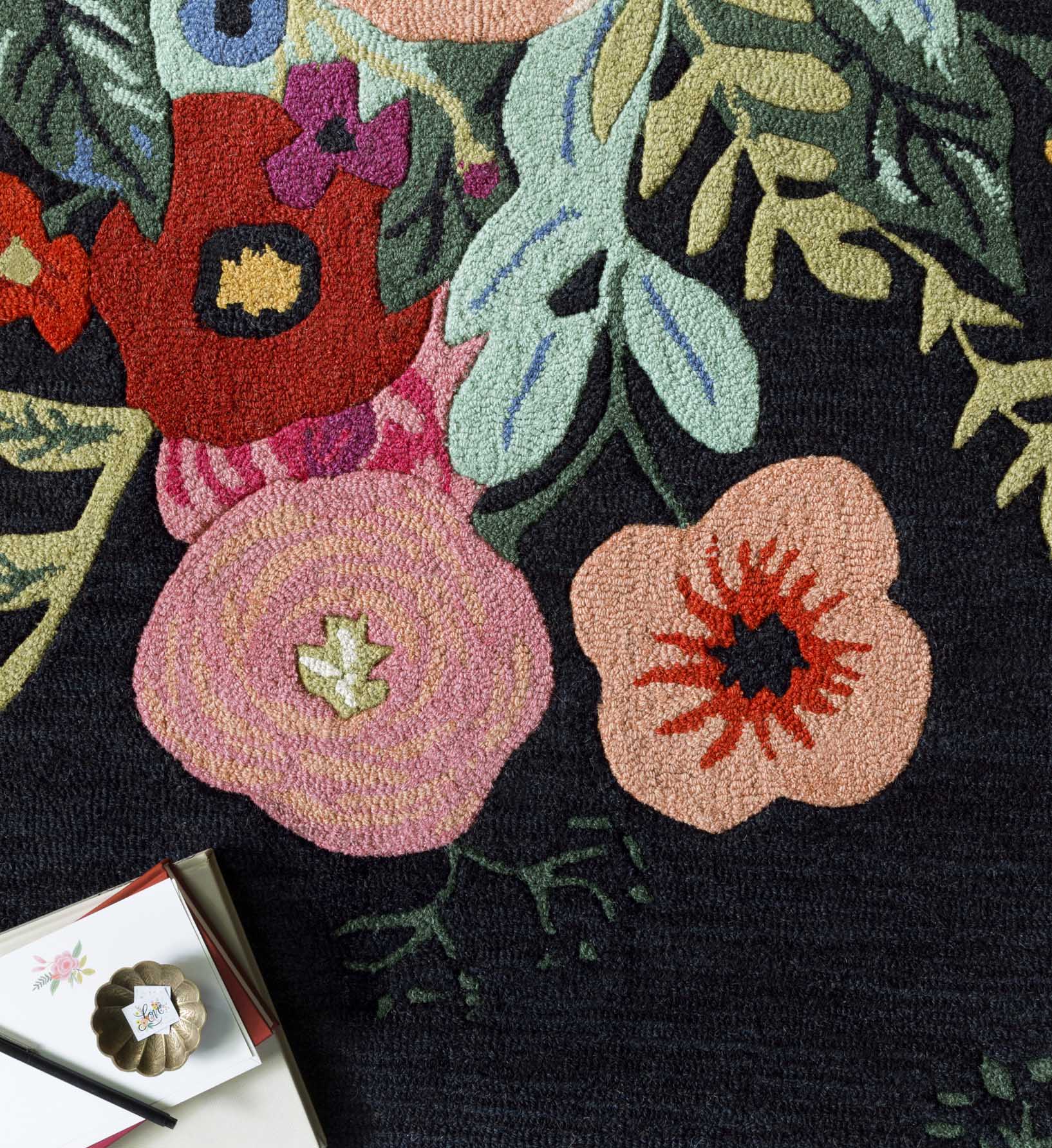 Juliet Rose Bouquet Black Wool-Hooked Rug | Rifle Paper Co.