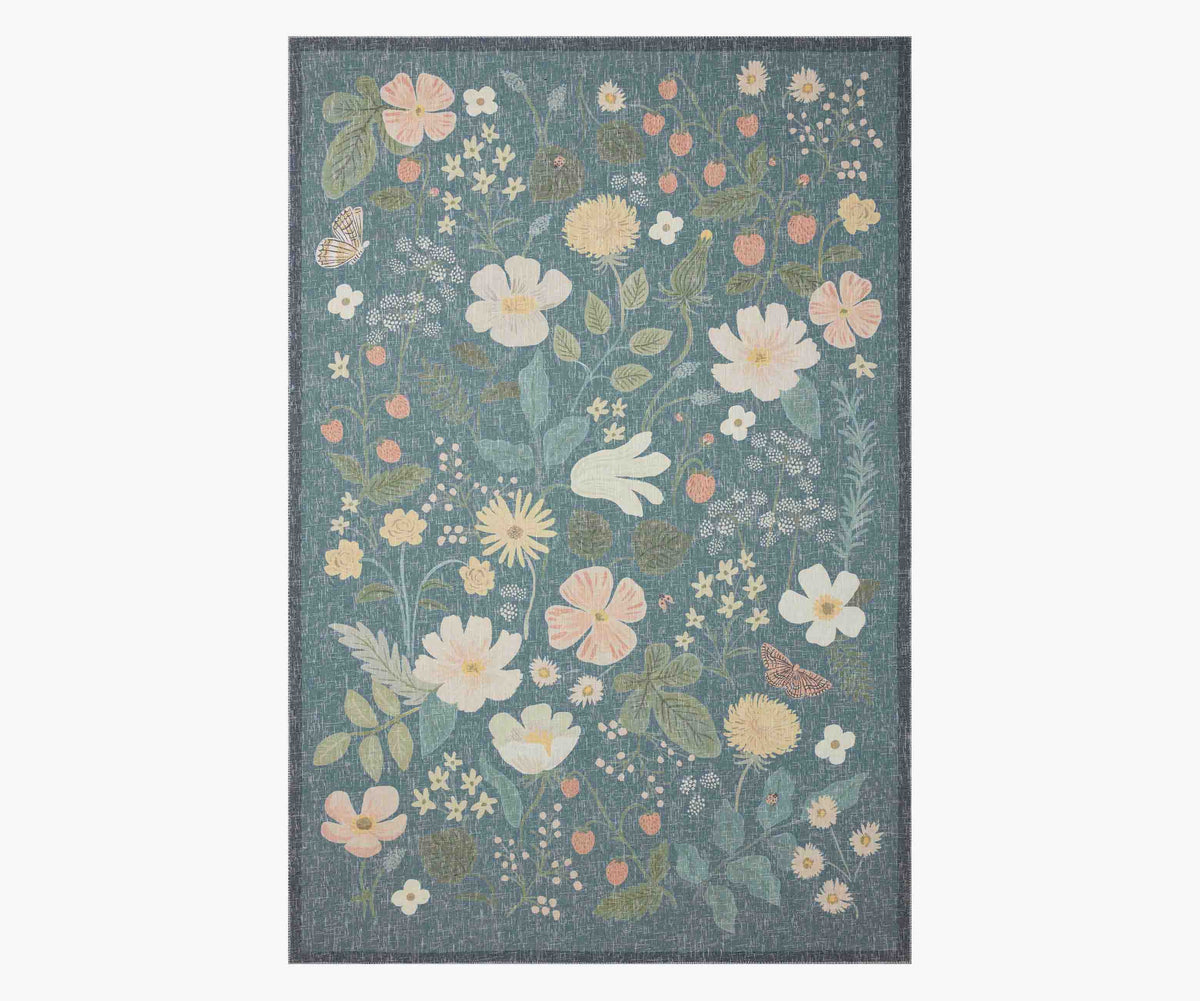 Strawberry Fields Teal Power Loomed Rug | Rifle Paper Co.