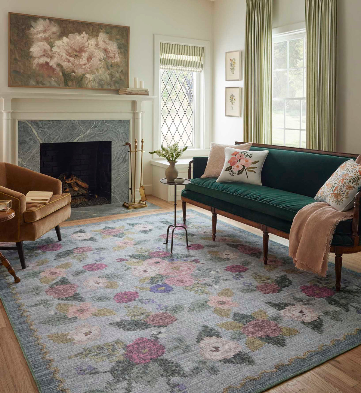 Rosedale Rug Collection Rosa Antique Rose Power Loomed Rug in Sky | Rifle Paper Co.