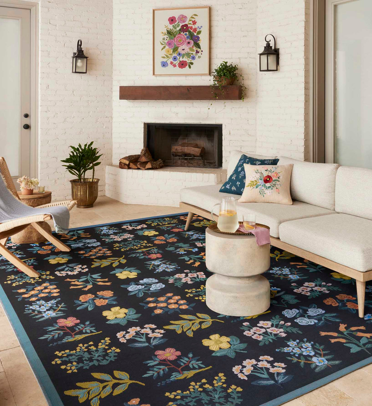 Perennial Wildflower Black Area Rug | Rifle Paper Co.