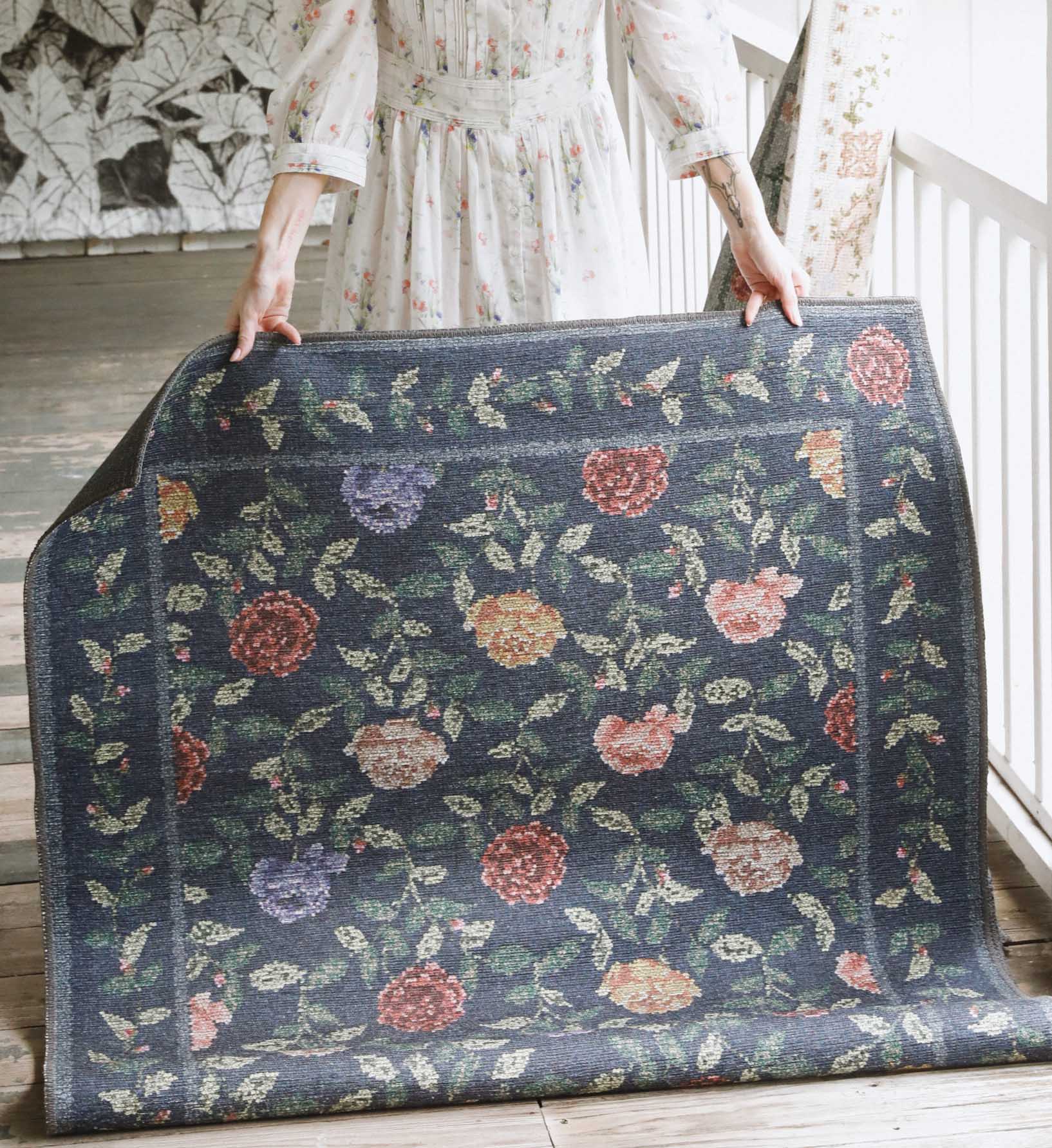 Wildwood Rose Trellis Printed Rug Navy | Rifle Paper Co.